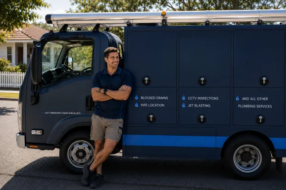 Plumber standing beside a service van in Abbotsbury