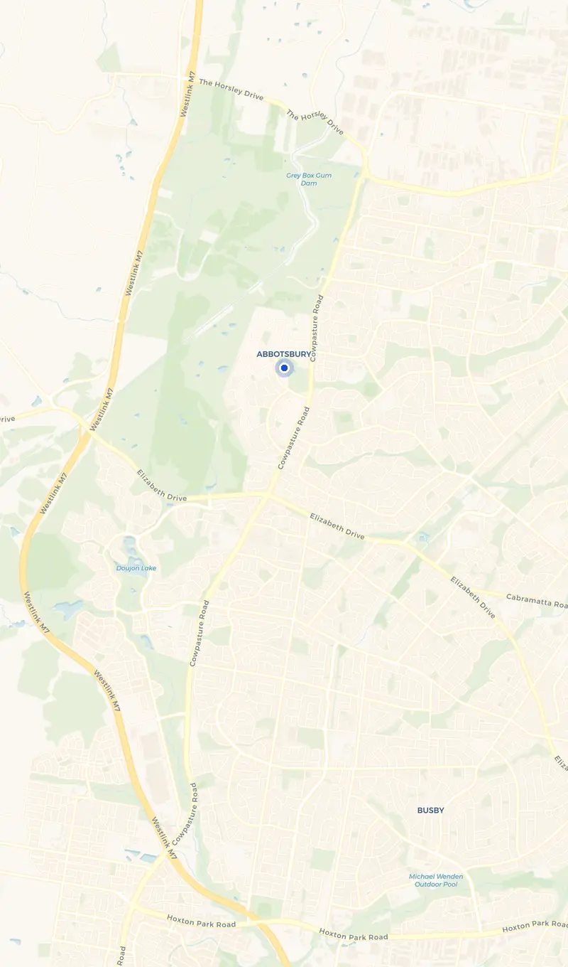 Map of the Abbotsbury service area and the surrounding suburbs we cover.