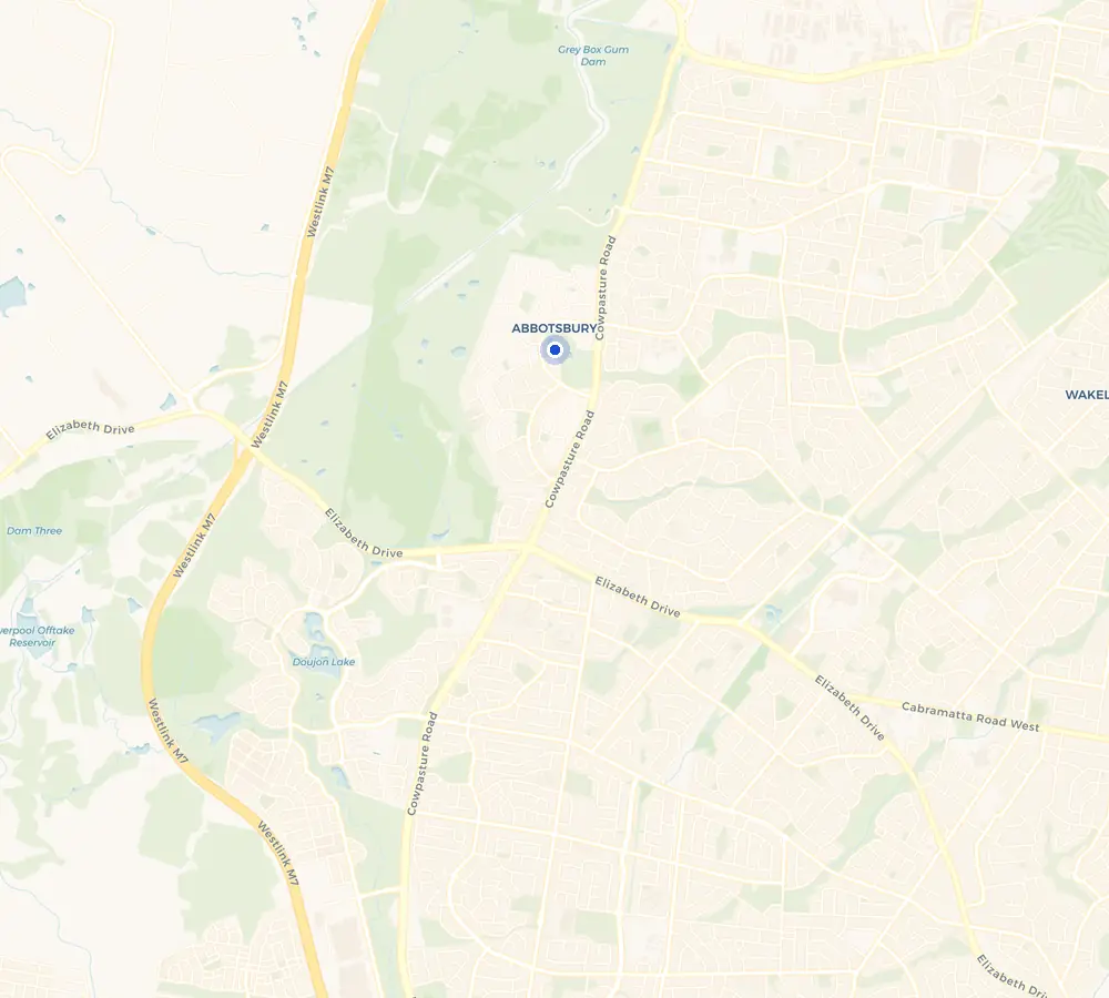 Map of the Abbotsbury service area and the surrounding Greater West, showing Abbotsbury and the nearby streets we cover.