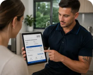 Plumber showing a Abbotsbury customer the quote on a tablet