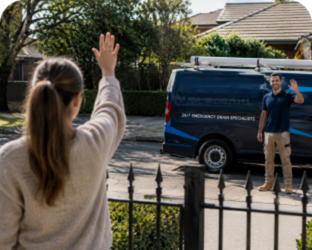 Customer waving goodbye to a Abbotsbury Blocked Drains plumber